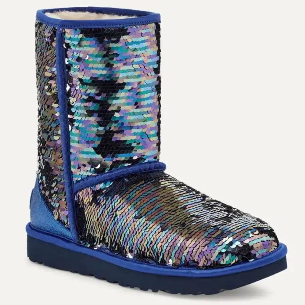 UGG Classic Short Sequin Winter Boots with Plush Wool Lining Blue Women's Size 7